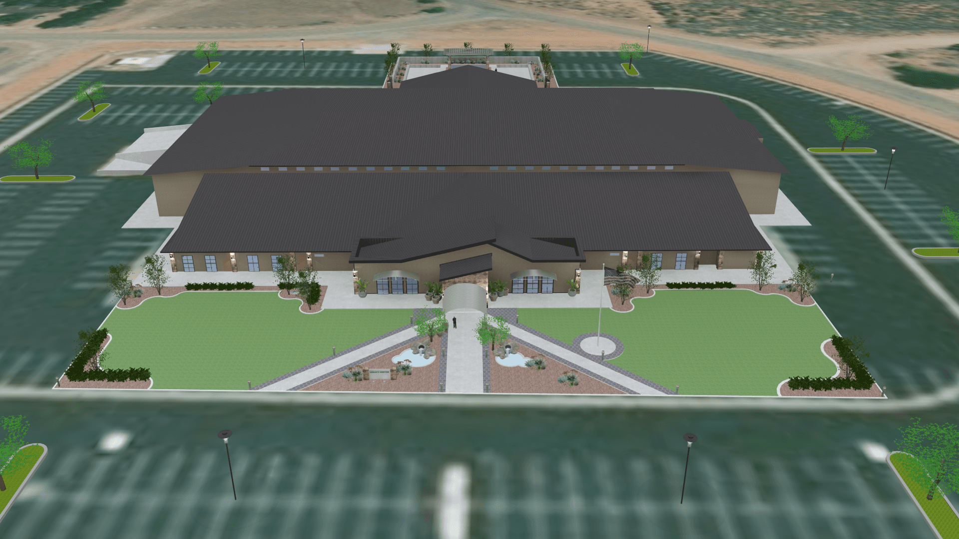 Aerial rendering of the Legacy Center building and grounds